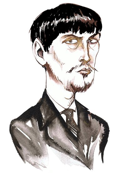 Achille-Claude Debussy, French composer, ink caricature as a young man by Neale Osborne